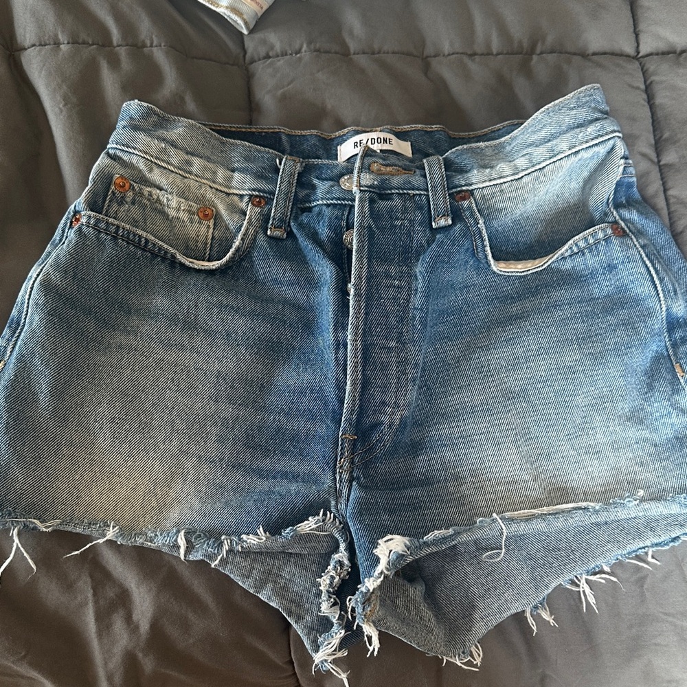 Re/Done Blue Frayed Denim Shorts